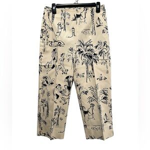 Y2K Cream Cropped Pants Black Line Art Print Palm Trees Ladies Lunching Size 10